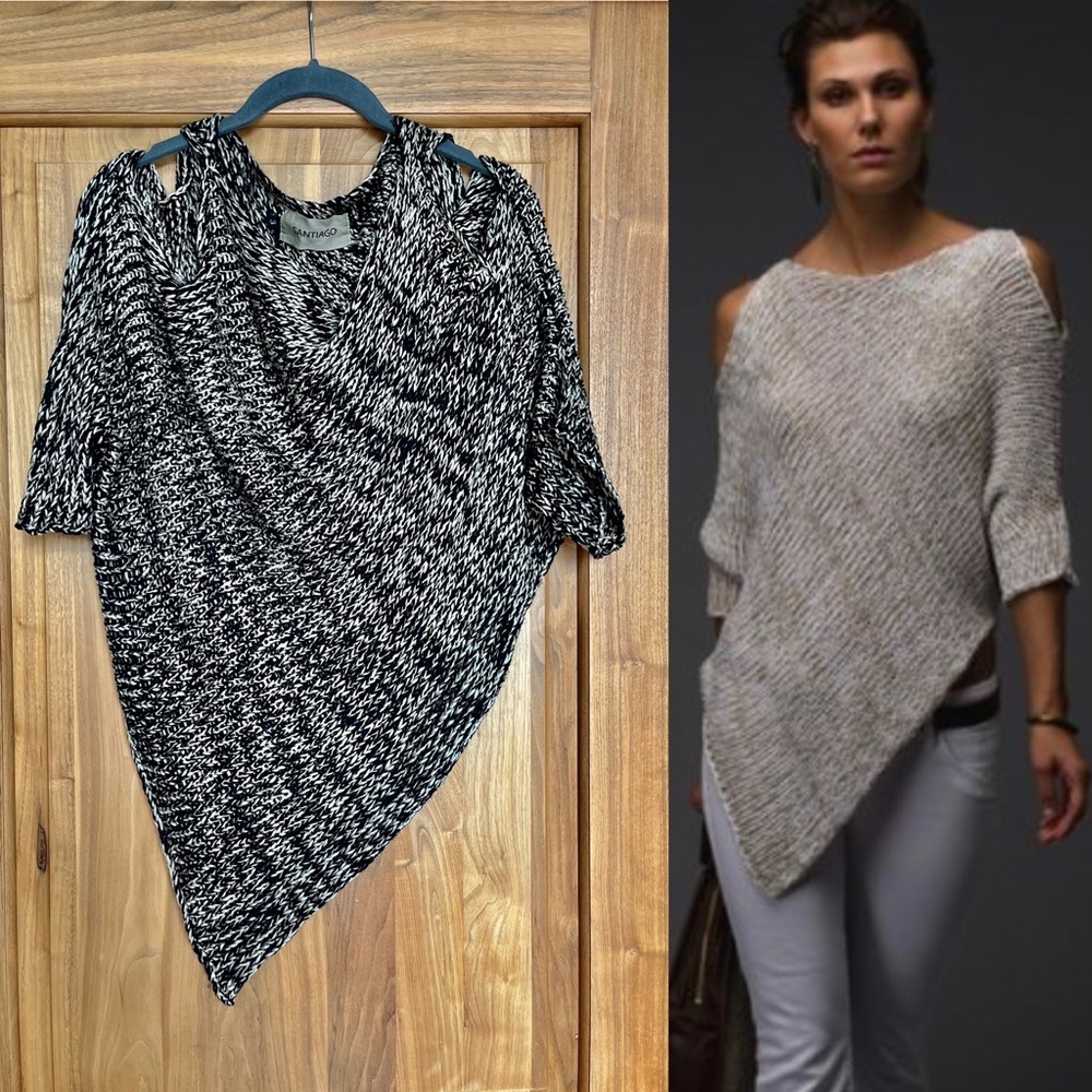 SANTIAGO Hand-Loomed Open Knit Cold Shoulder Asymmetrical Sweater L Black/ Cream